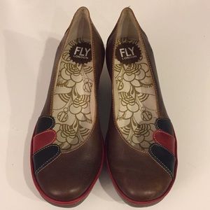 Fly London brown wedges w/ black/red accents, 38/8